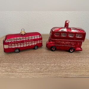 Pottery Barn? 2 Red Double Decker Bus Christmas Ornaments London Mercury Glass